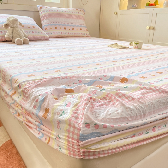 91家纺网 家纺一手货源 找家纺 玉海棠家纺 2025新款直播爆款双层纱床笠三件套 粉小熊