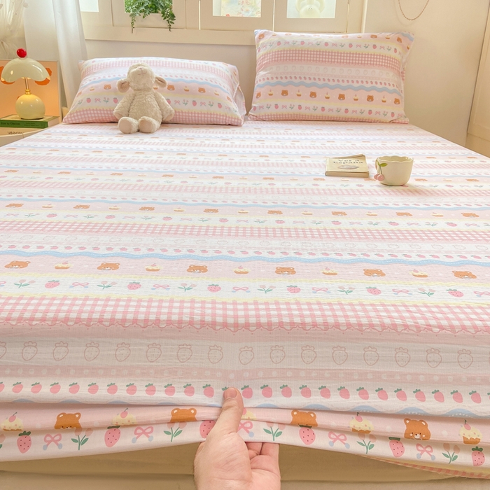 91家纺网 家纺一手货源 找家纺 玉海棠家纺 2025新款直播爆款双层纱床笠三件套 粉小熊