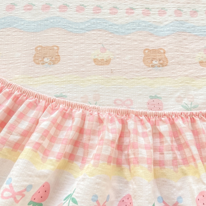 91家纺网 家纺一手货源 找家纺 玉海棠家纺 2025新款直播爆款双层纱床笠三件套 粉小熊