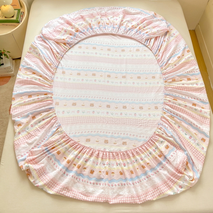 91家纺网 家纺一手货源 找家纺 玉海棠家纺 2025新款直播爆款双层纱床笠三件套 粉小熊