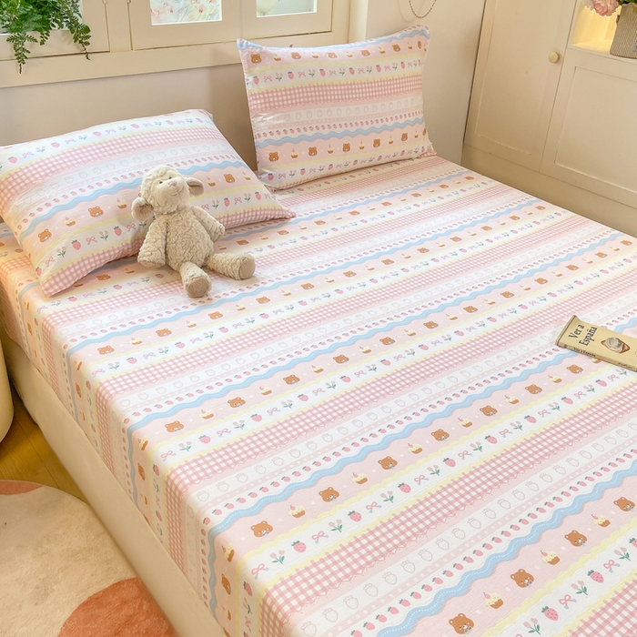 91家纺网 家纺一手货源 找家纺 玉海棠家纺 2025新款直播爆款双层纱床笠三件套 粉小熊