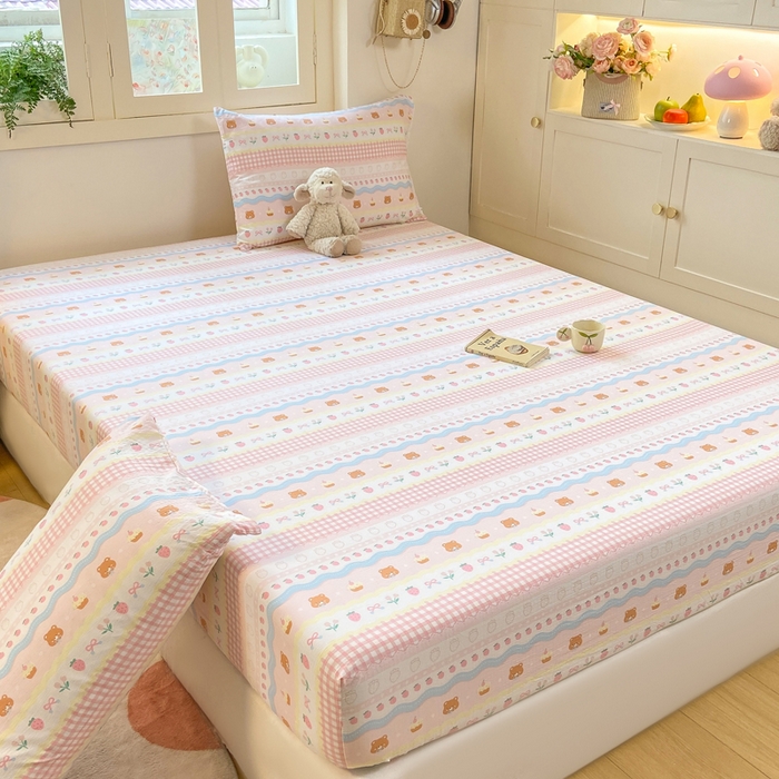 91家纺网 家纺一手货源 找家纺 玉海棠家纺 2025新款直播爆款双层纱床笠三件套 粉小熊