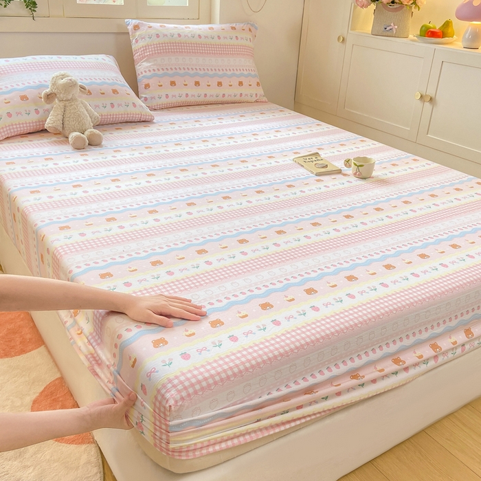 91家纺网 家纺一手货源 找家纺 玉海棠家纺 2025新款直播爆款双层纱床笠三件套 粉小熊