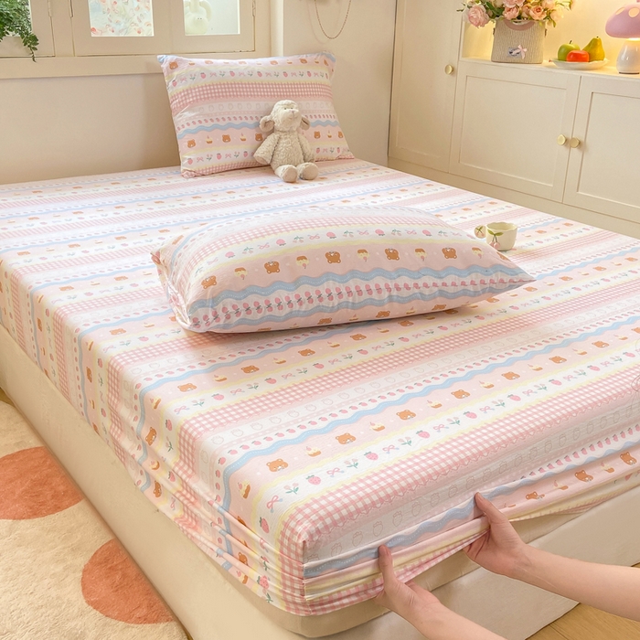 91家纺网 家纺一手货源 找家纺 玉海棠家纺 2025新款直播爆款双层纱床笠三件套 粉小熊