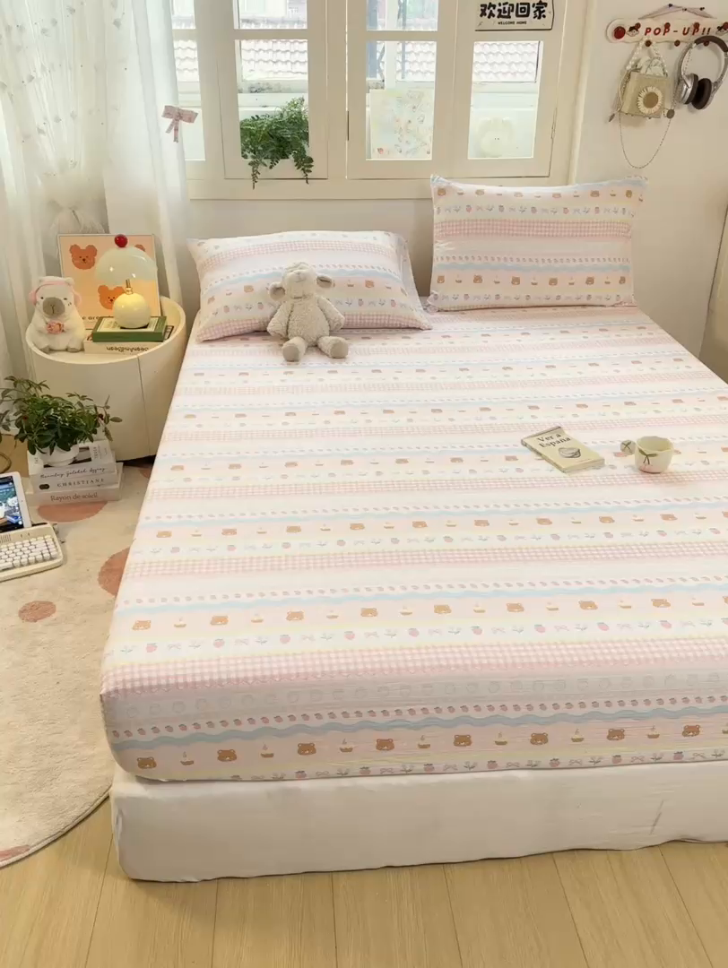 91家纺网 家纺一手货源 找家纺 玉海棠家纺 2025新款直播爆款双层纱床笠三件套 粉小熊