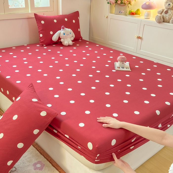 玉海棠家纺 2025新款直播爆款双层纱床笠三件套 红色大波点