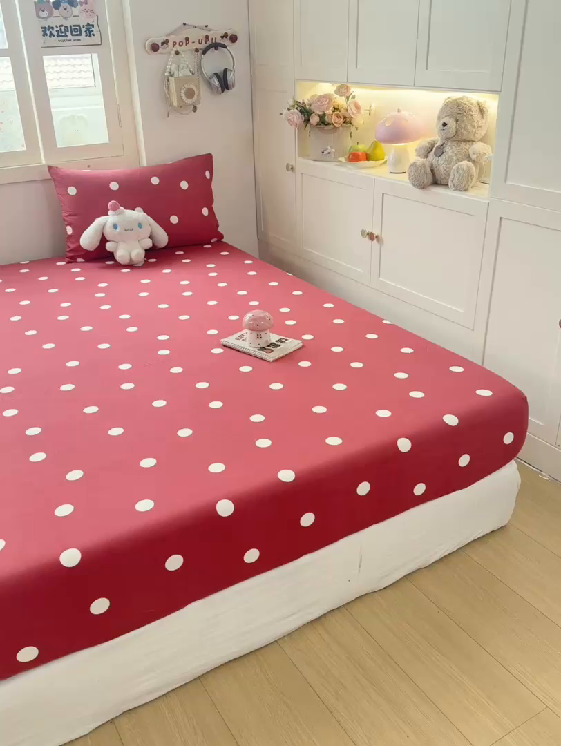 91家纺网 家纺一手货源 找家纺 玉海棠家纺 2025新款直播爆款双层纱床笠三件套 红色大波点