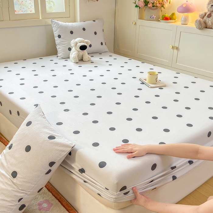 玉海棠家纺 2025新款直播爆款双层纱床笠三件套 灰色波点