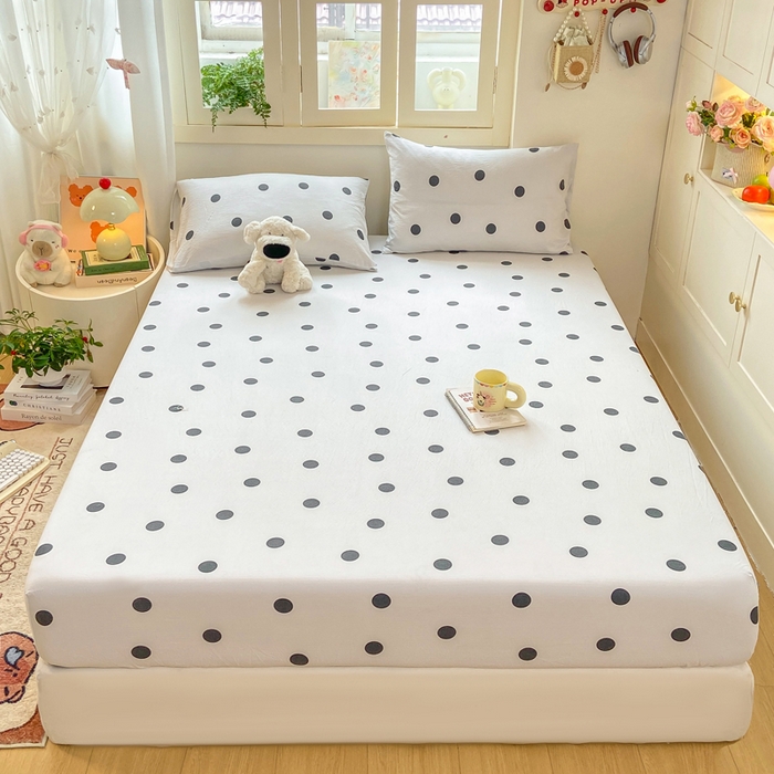 91家纺网 家纺一手货源 找家纺 玉海棠家纺 2025新款直播爆款双层纱床笠三件套 灰色波点