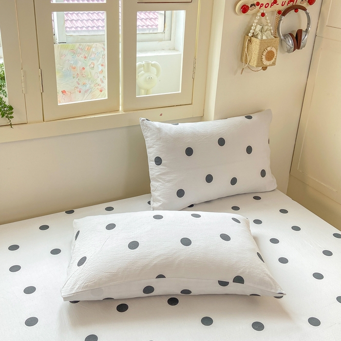 91家纺网 家纺一手货源 找家纺 玉海棠家纺 2025新款直播爆款双层纱床笠三件套 灰色波点