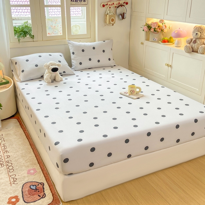 91家纺网 家纺一手货源 找家纺 玉海棠家纺 2025新款直播爆款双层纱床笠三件套 灰色波点