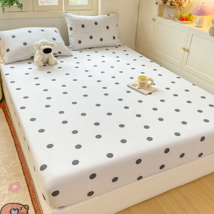 91家纺网 家纺一手货源 找家纺 玉海棠家纺 2025新款直播爆款双层纱床笠三件套 灰色波点