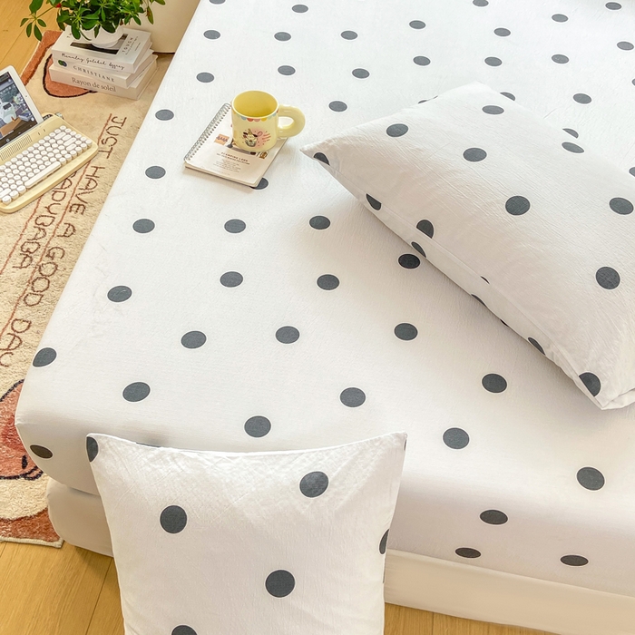 91家纺网 家纺一手货源 找家纺 玉海棠家纺 2025新款直播爆款双层纱床笠三件套 灰色波点