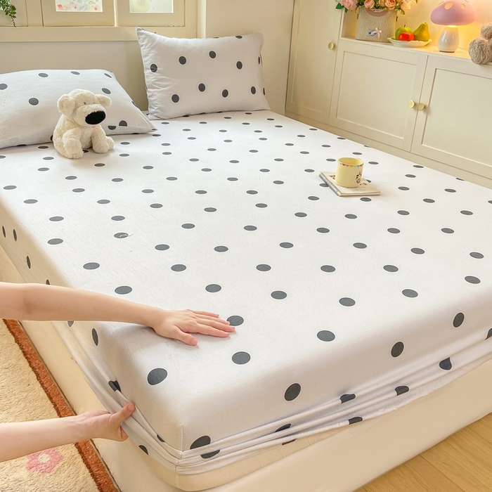 91家纺网 家纺一手货源 找家纺 玉海棠家纺 2025新款直播爆款双层纱床笠三件套 灰色波点