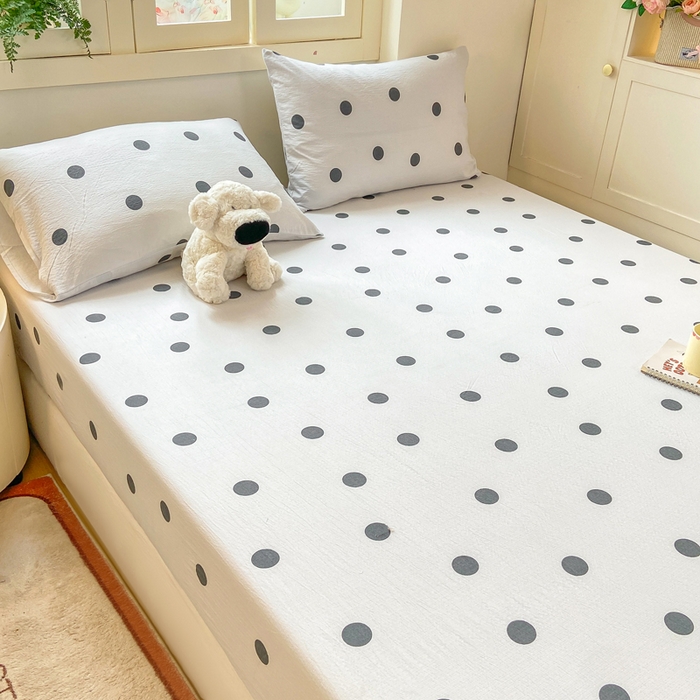 91家纺网 家纺一手货源 找家纺 玉海棠家纺 2025新款直播爆款双层纱床笠三件套 灰色波点