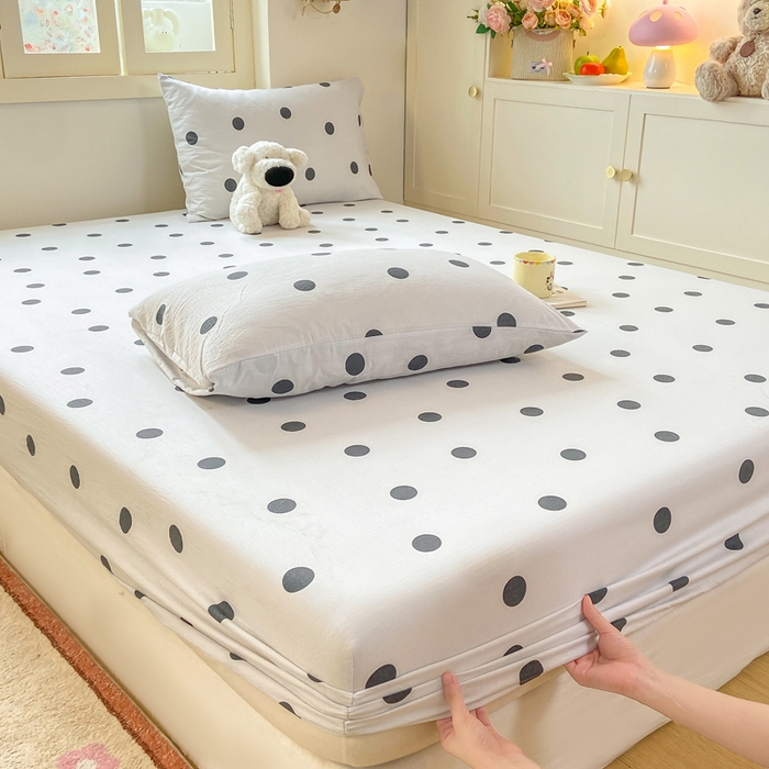 91家纺网 家纺一手货源 找家纺 玉海棠家纺 2025新款直播爆款双层纱床笠三件套 灰色波点