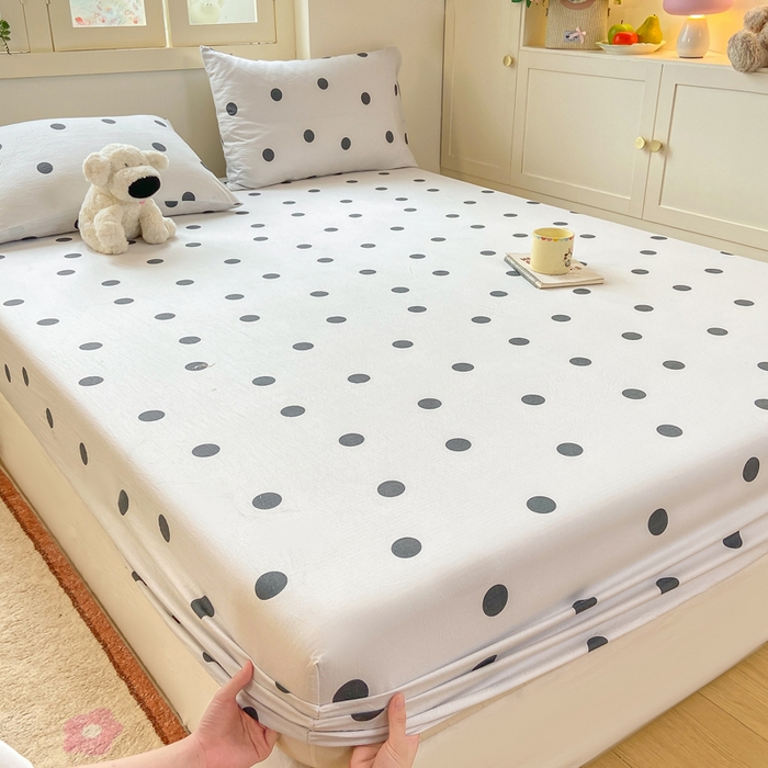 91家纺网 家纺一手货源 找家纺 玉海棠家纺 2025新款直播爆款双层纱床笠三件套 灰色波点