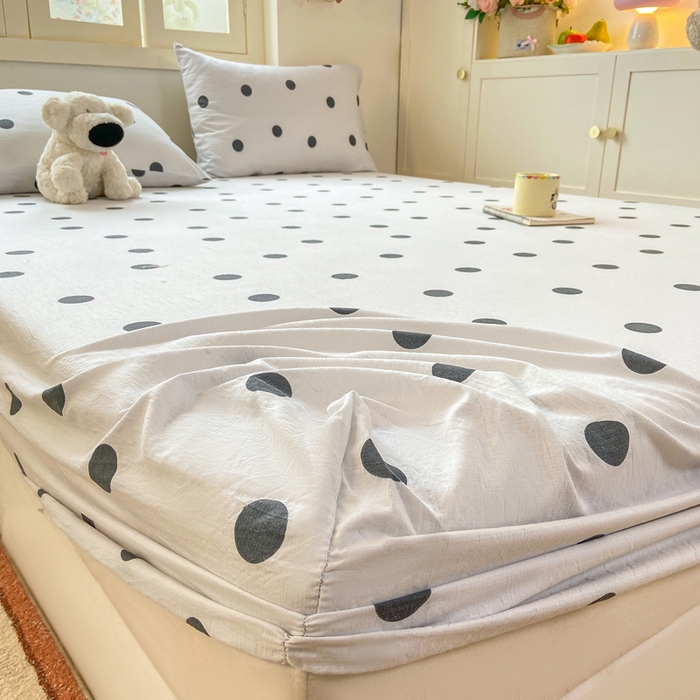 91家纺网 家纺一手货源 找家纺 玉海棠家纺 2025新款直播爆款双层纱床笠三件套 灰色波点