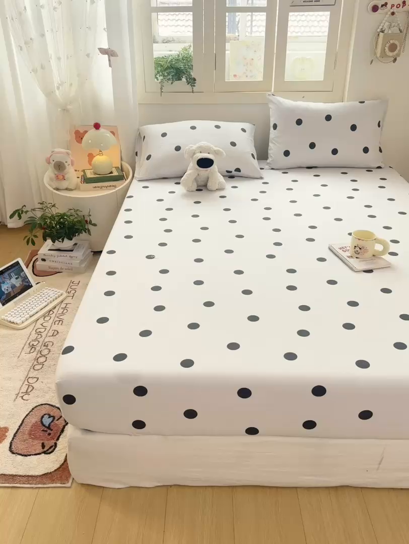 91家纺网 家纺一手货源 找家纺 玉海棠家纺 2025新款直播爆款双层纱床笠三件套 灰色波点