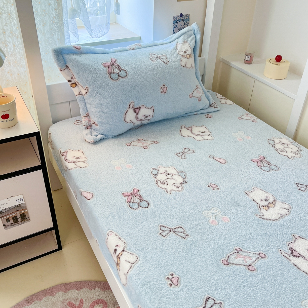 91家纺网 家纺一手货源 找家纺 川悦生活 2025新款雪花绒宿舍单床笠 床笠奶蓝小汪