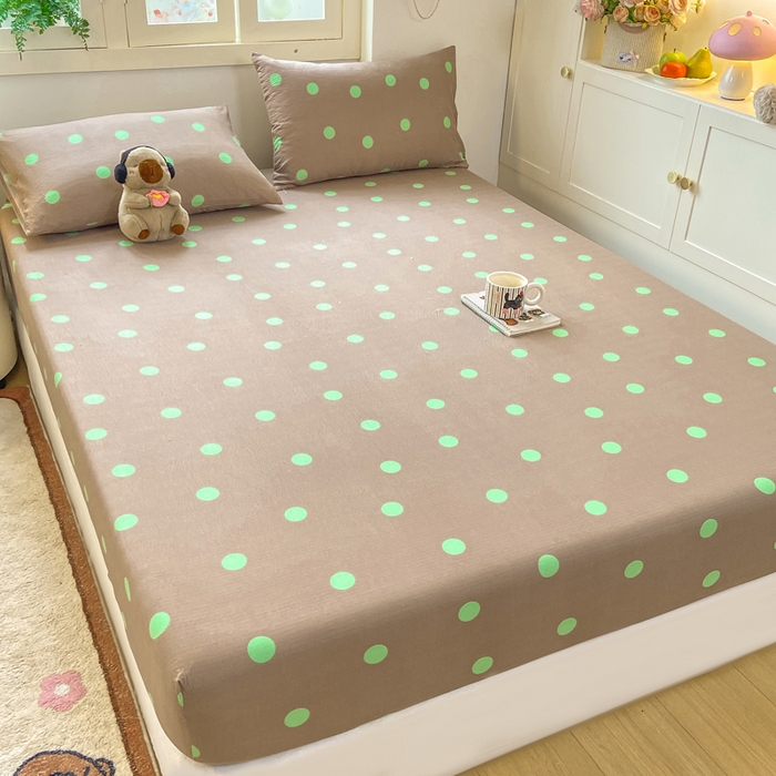 91家纺网 家纺一手货源 找家纺 玉海棠家纺 2025新款直播爆款双层纱床笠三件套 咖色绿波点