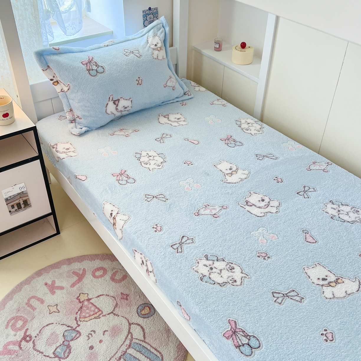 91家纺网 家纺一手货源 找家纺 川悦生活 2025新款雪花绒宿舍单床笠 床笠奶蓝小汪