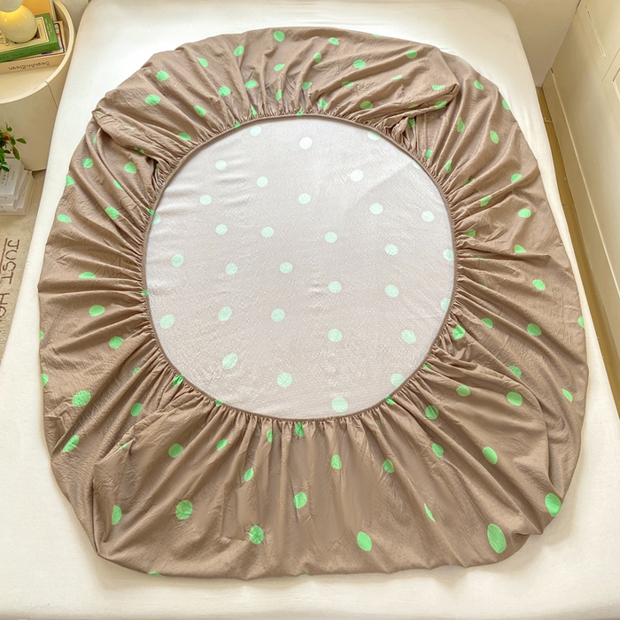 91家纺网 家纺一手货源 找家纺 玉海棠家纺 2025新款直播爆款双层纱床笠三件套 咖色绿波点