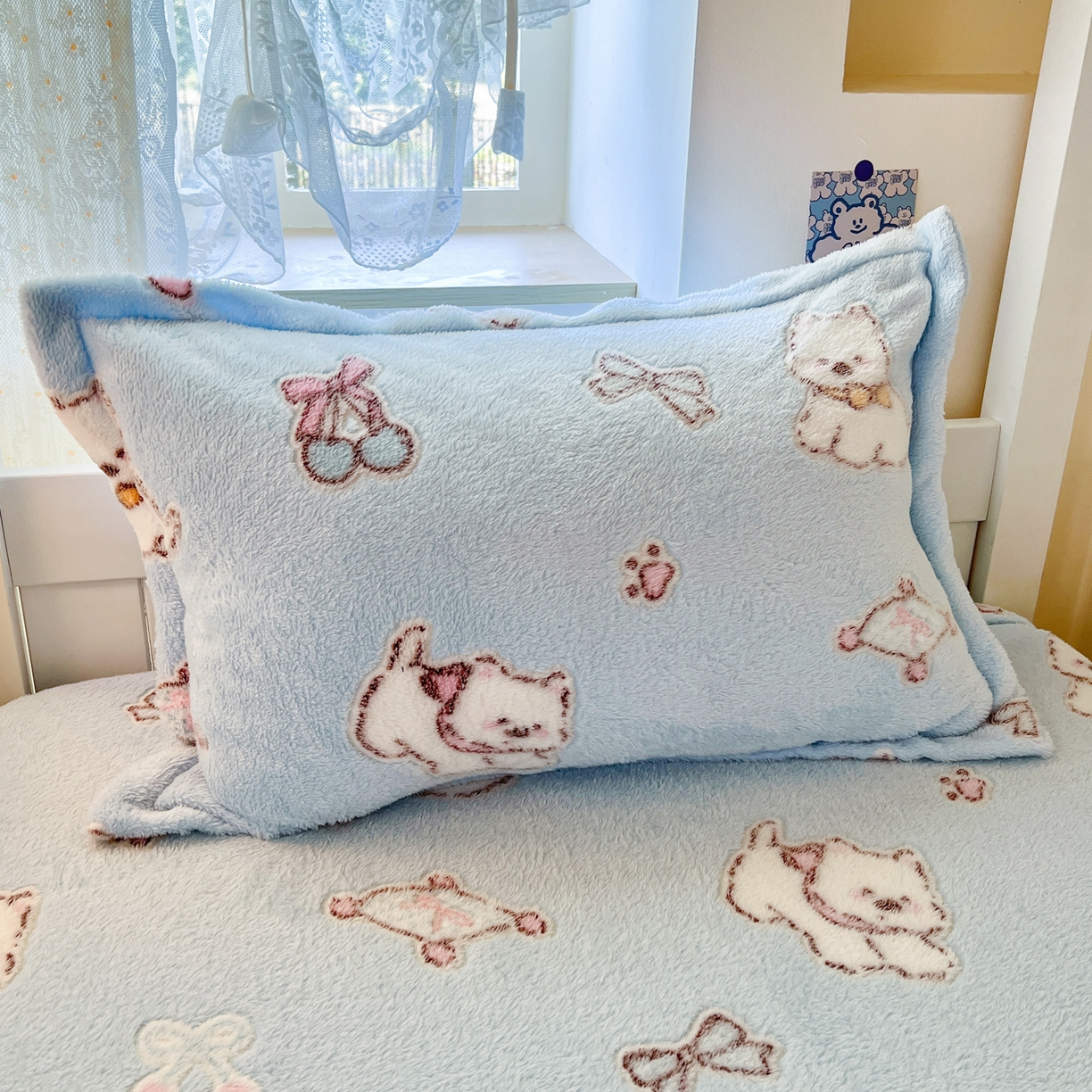 91家纺网 家纺一手货源 找家纺 川悦生活 2025新款雪花绒宿舍单床笠 床笠奶蓝小汪