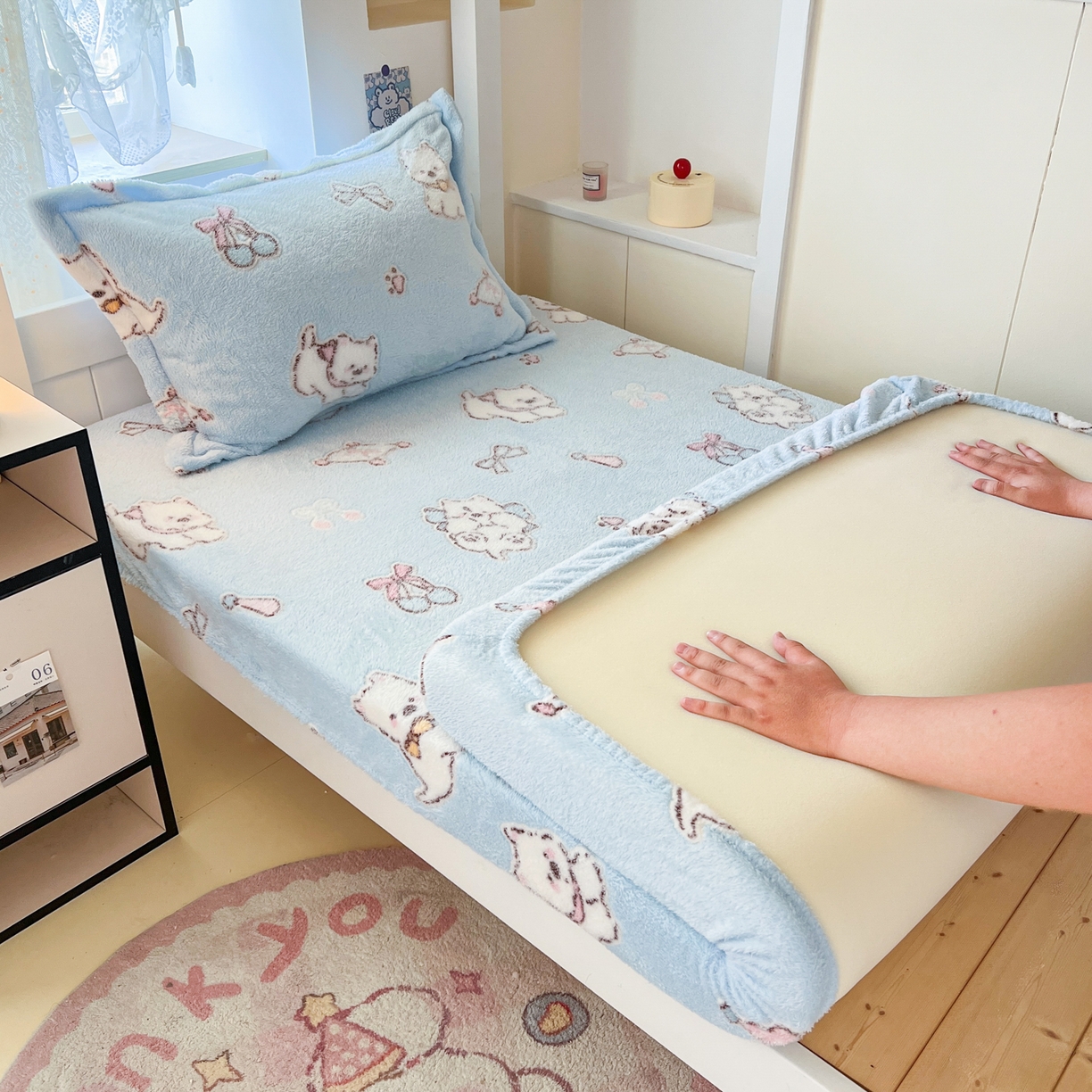 川悦生活 2025新款雪花绒宿舍单床笠 床笠奶蓝小汪