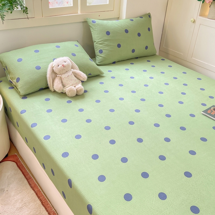 91家纺网 家纺一手货源 找家纺 玉海棠家纺 2025新款直播爆款双层纱床笠三件套 蓝色波点