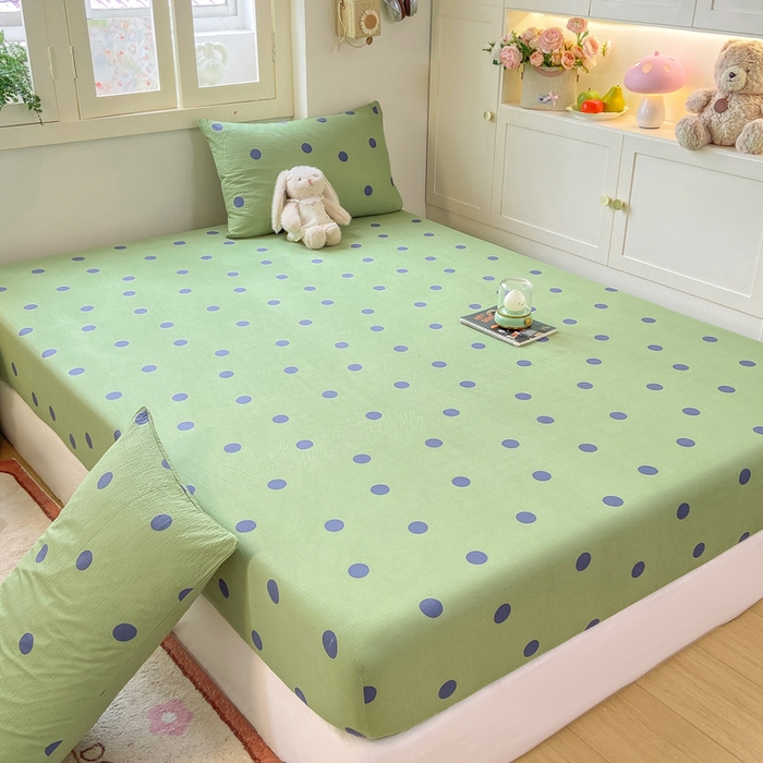 91家纺网 家纺一手货源 找家纺 玉海棠家纺 2025新款直播爆款双层纱床笠三件套 蓝色波点