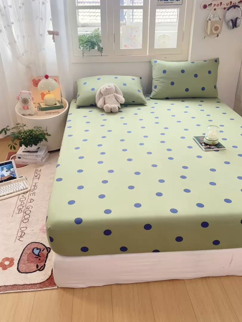 91家纺网 家纺一手货源 找家纺 玉海棠家纺 2025新款直播爆款双层纱床笠三件套 蓝色波点