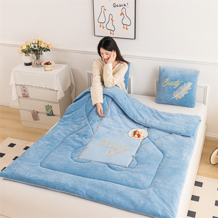 91家纺网 家纺一手货源 找家纺 哩哩熊 2025新款抱枕被子两用加厚二合一汽车载枕头办公室午睡毯子冬天靠枕-羽叶 羽叶-浅蓝