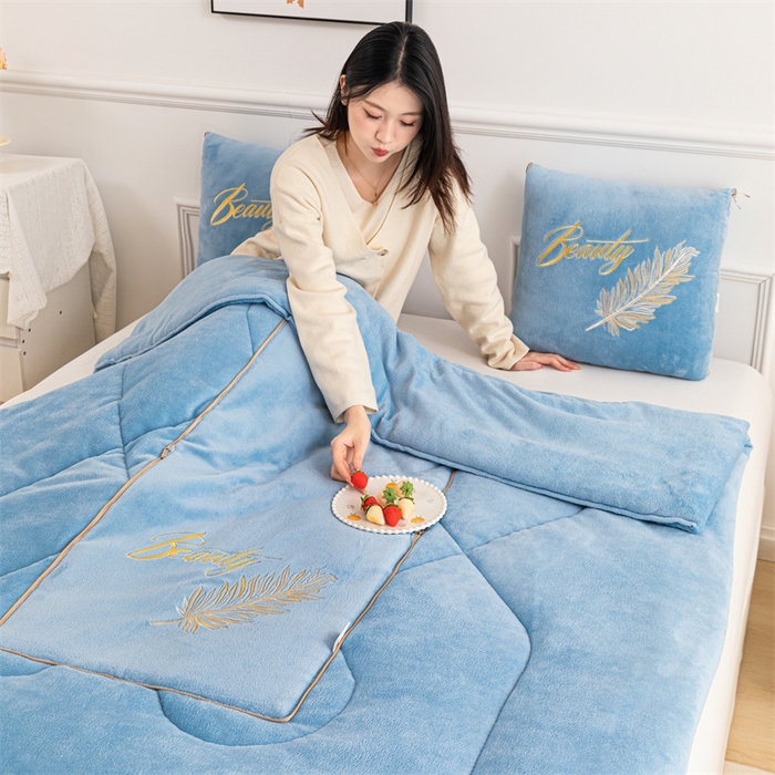 91家纺网 家纺一手货源 找家纺 哩哩熊 2025新款抱枕被子两用加厚二合一汽车载枕头办公室午睡毯子冬天靠枕-羽叶 羽叶-浅蓝