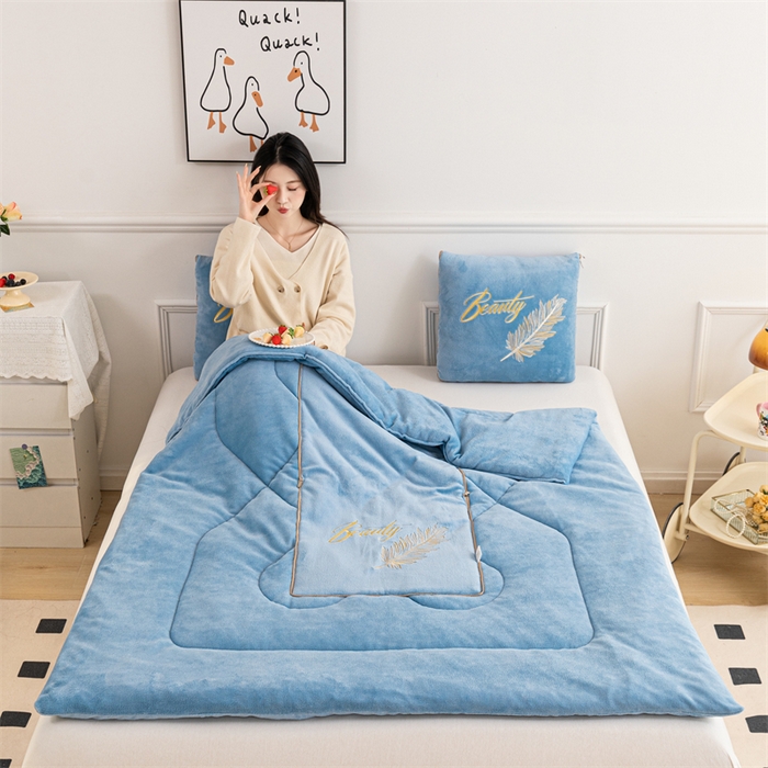 91家纺网 家纺一手货源 找家纺 哩哩熊 2025新款抱枕被子两用加厚二合一汽车载枕头办公室午睡毯子冬天靠枕-羽叶 羽叶-浅蓝