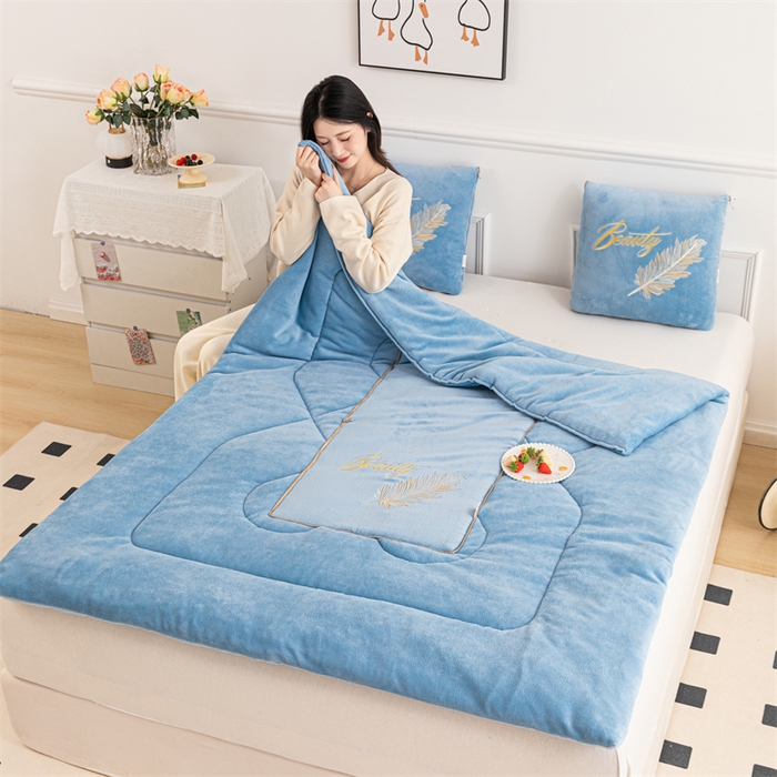 91家纺网 家纺一手货源 找家纺 哩哩熊 2025新款抱枕被子两用加厚二合一汽车载枕头办公室午睡毯子冬天靠枕-羽叶 羽叶-浅蓝