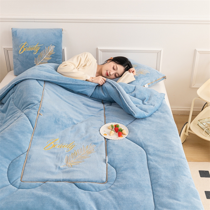 91家纺网 家纺一手货源 找家纺 哩哩熊 2025新款抱枕被子两用加厚二合一汽车载枕头办公室午睡毯子冬天靠枕-羽叶 羽叶-浅蓝