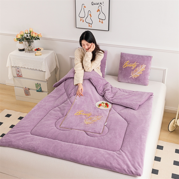 91家纺网 家纺一手货源 找家纺 哩哩熊 2025新款抱枕被子两用加厚二合一汽车载枕头办公室午睡毯子冬天靠枕-羽叶 羽叶-香芋紫