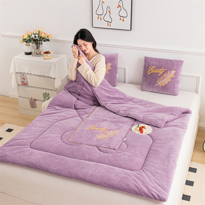 91家纺网 家纺一手货源 找家纺 哩哩熊 2025新款抱枕被子两用加厚二合一汽车载枕头办公室午睡毯子冬天靠枕-羽叶 羽叶-香芋紫