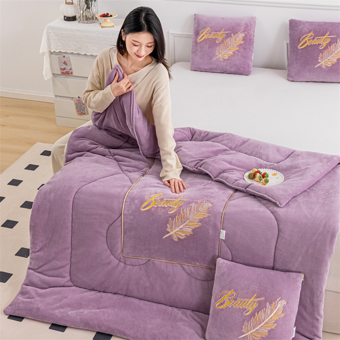 91家纺网 家纺一手货源 找家纺 哩哩熊 2025新款抱枕被子两用加厚二合一汽车载枕头办公室午睡毯子冬天靠枕-羽叶 羽叶-香芋紫