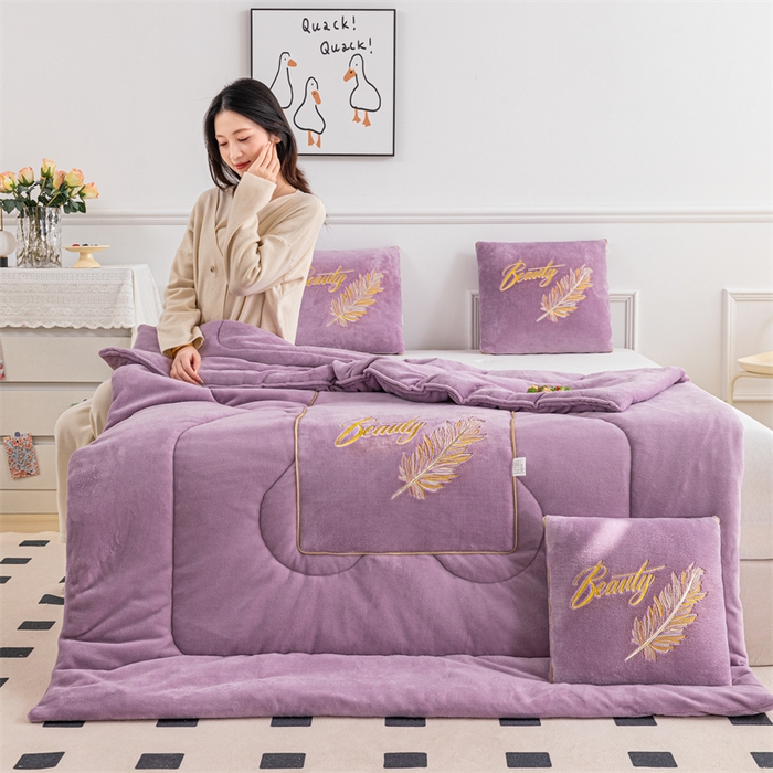 91家纺网 家纺一手货源 找家纺 哩哩熊 2025新款抱枕被子两用加厚二合一汽车载枕头办公室午睡毯子冬天靠枕-羽叶 羽叶-香芋紫