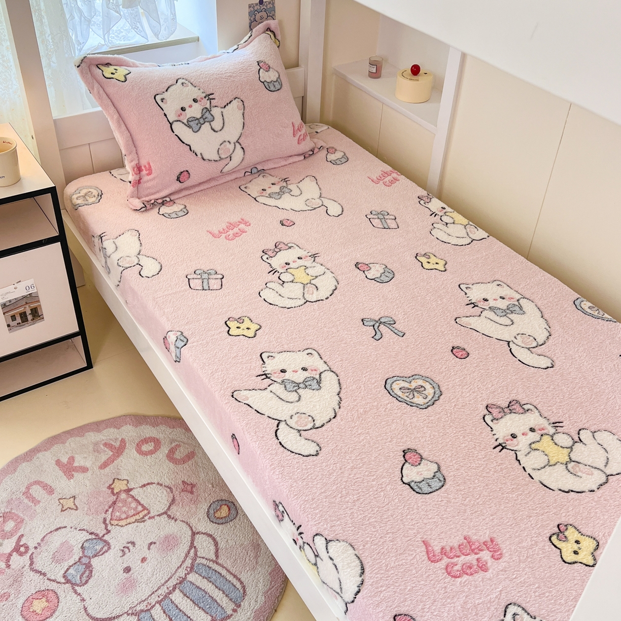 91家纺网 家纺一手货源 找家纺 川悦生活 2025新款雪花绒宿舍单床笠 床笠甜梦小猫