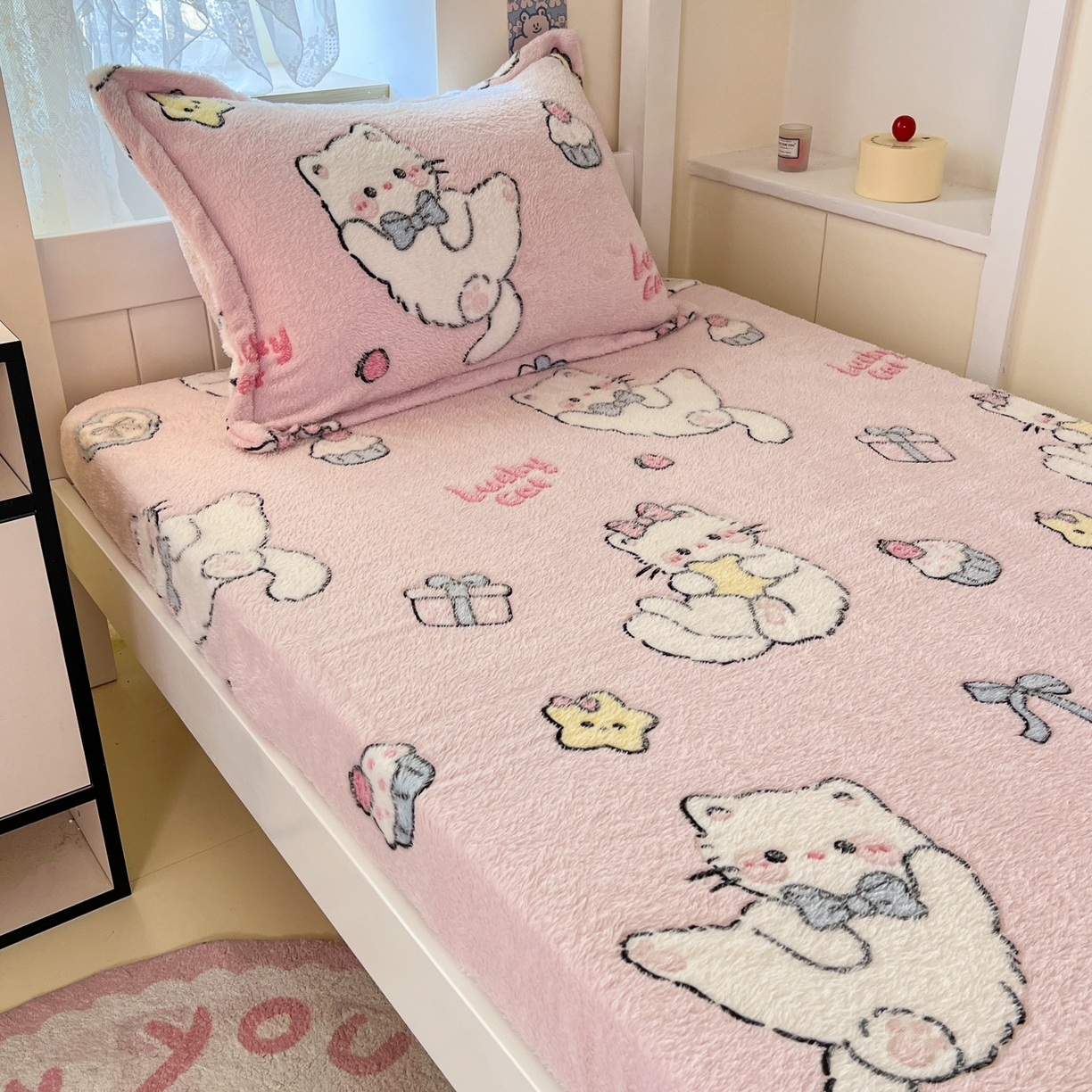 91家纺网 家纺一手货源 找家纺 川悦生活 2025新款雪花绒宿舍单床笠 床笠甜梦小猫