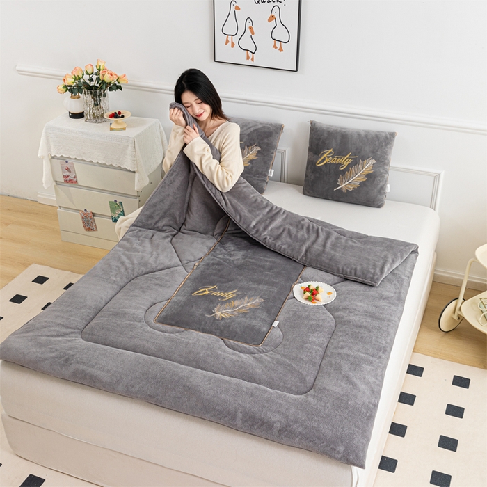 91家纺网 家纺一手货源 找家纺 哩哩熊 2025新款抱枕被子两用加厚二合一汽车载枕头办公室午睡毯子冬天靠枕-羽叶 羽叶-烟灰