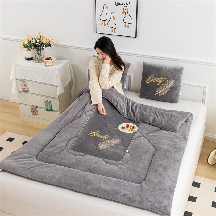 91家纺网 家纺一手货源 找家纺 哩哩熊 2025新款抱枕被子两用加厚二合一汽车载枕头办公室午睡毯子冬天靠枕-羽叶 羽叶-烟灰