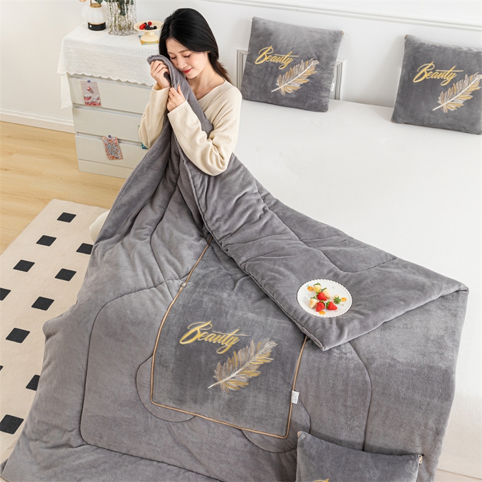 91家纺网 家纺一手货源 找家纺 哩哩熊 2025新款抱枕被子两用加厚二合一汽车载枕头办公室午睡毯子冬天靠枕-羽叶 羽叶-烟灰