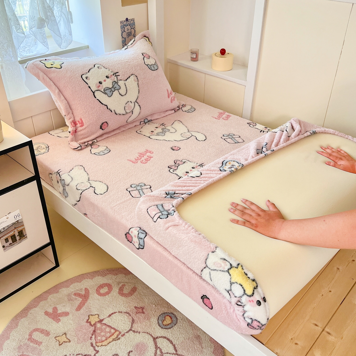 川悦生活 2025新款雪花绒宿舍单床笠 床笠甜梦小猫