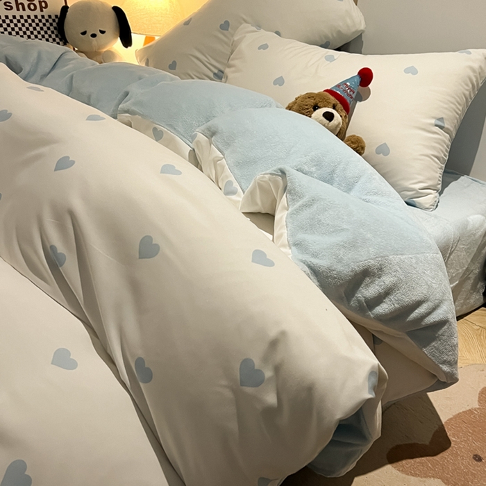 悦织湾家纺 2025新款水洗棉牛奶绒单面绒单被套四件套双面两用春秋冬都可用学生宿舍四件套 单面绒爱心奶白浅兰