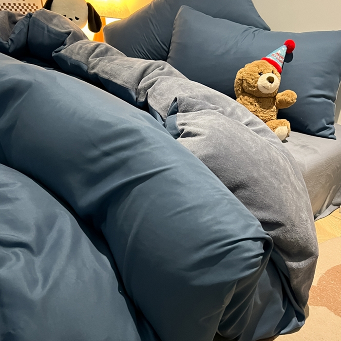 悦织湾家纺 2025新款水洗棉牛奶绒单面绒单被套四件套双面两用春秋冬都可用学生宿舍四件套 单面绒宝兰浅灰