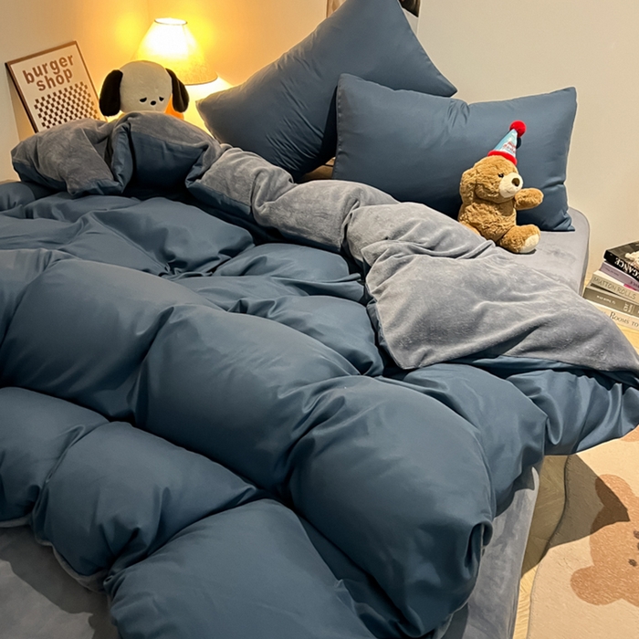 91家纺网 家纺一手货源 找家纺 悦织湾家纺 2025新款水洗棉牛奶绒单面绒单被套四件套双面两用春秋冬都可用学生宿舍四件套 单面绒宝兰浅灰